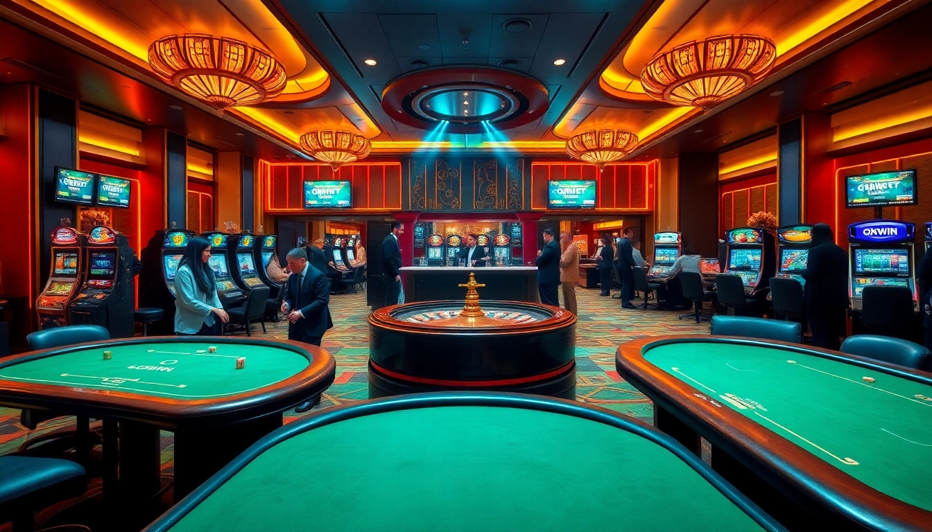 Exciting gaming scene highlighting OKWIN casino with vibrant tables, slot machines, and roulette wheel.