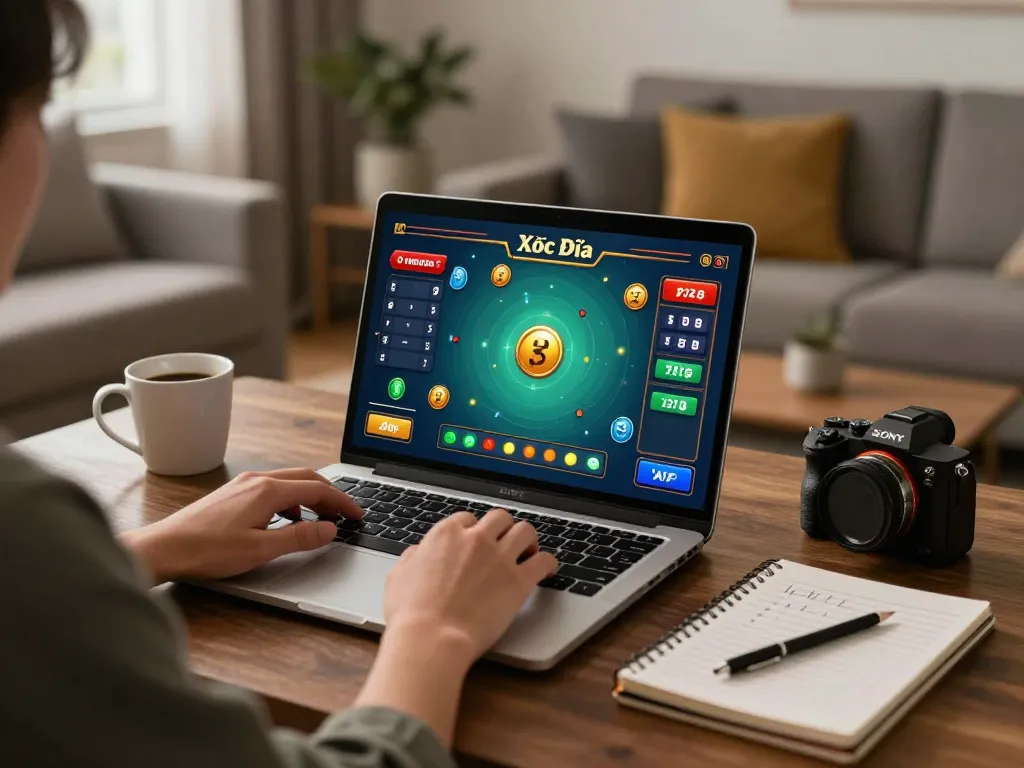 Xóc đĩa game interface displayed on a laptop in a cozy home gaming setup.
