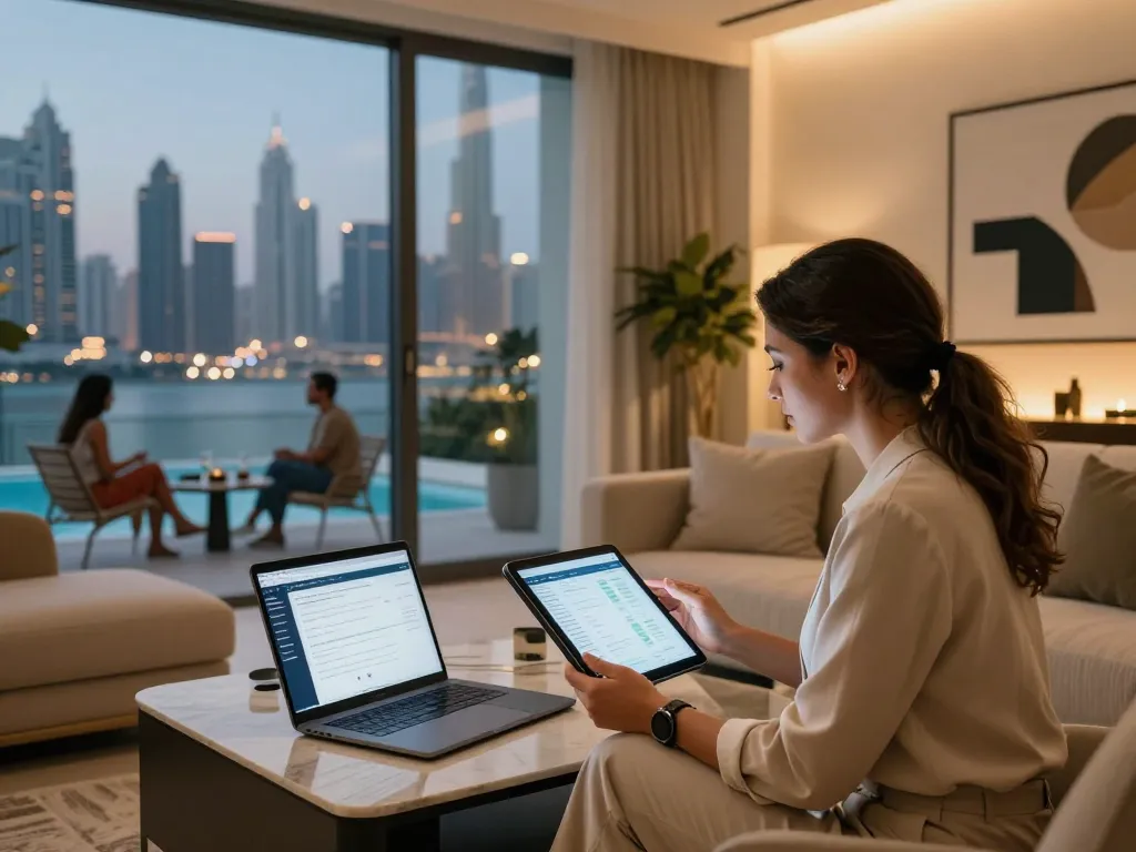 airbnb management dubai professional managing property with skyline view