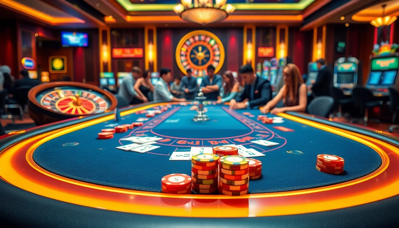 Experience the excitement of betting at nhà cái jbo with a vibrant casino scene featuring poker tables and slot machines.