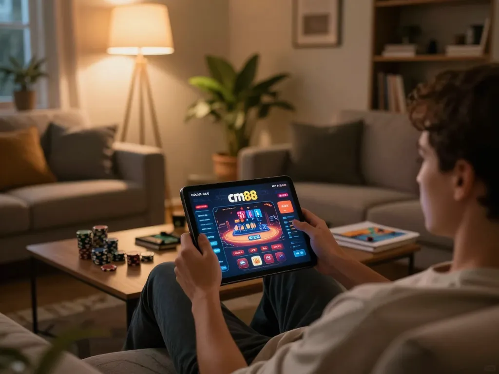 Engaging with the trang chủ cm88 online casino interface in a cozy living room setting