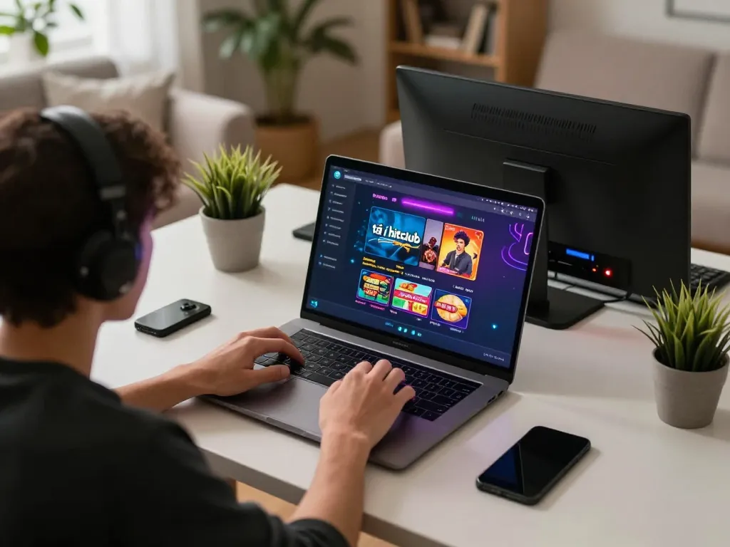 Engaging gamer using laptop to tải hitclub casino app, enhancing responsible gaming strategy.