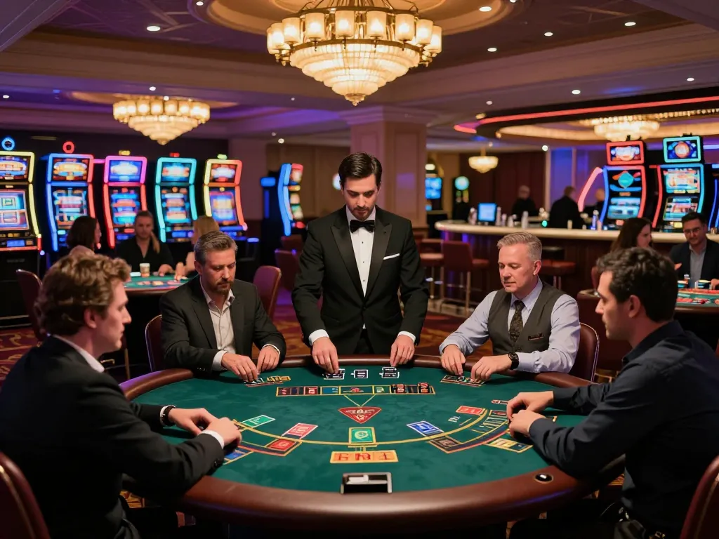 Players at https://mm88.green/ blackjack tables strategizing and enjoying a dynamic casino gaming experience while surrounded by vibrant lights.