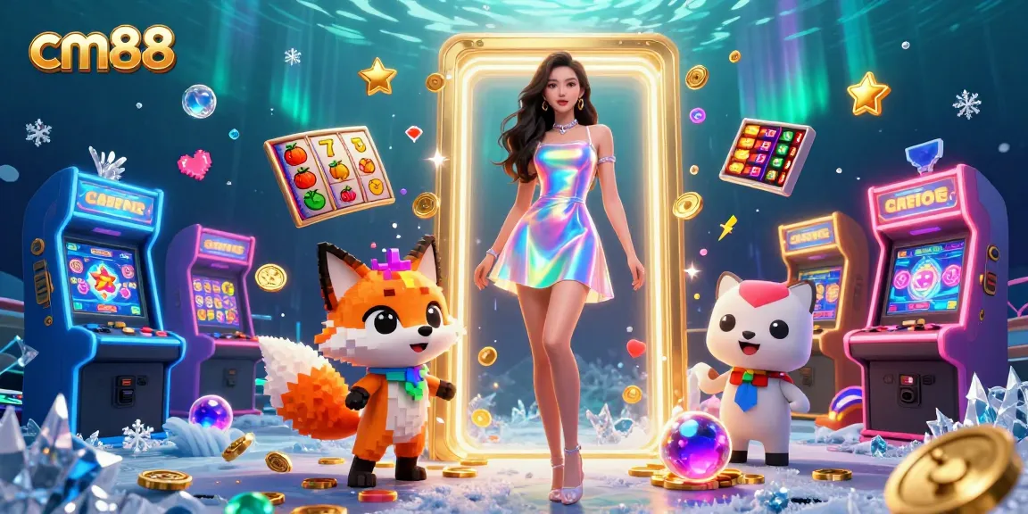 Experience excitement at cm88 with vibrant slot reels and a mesmerizing rainbow-holographic woman.