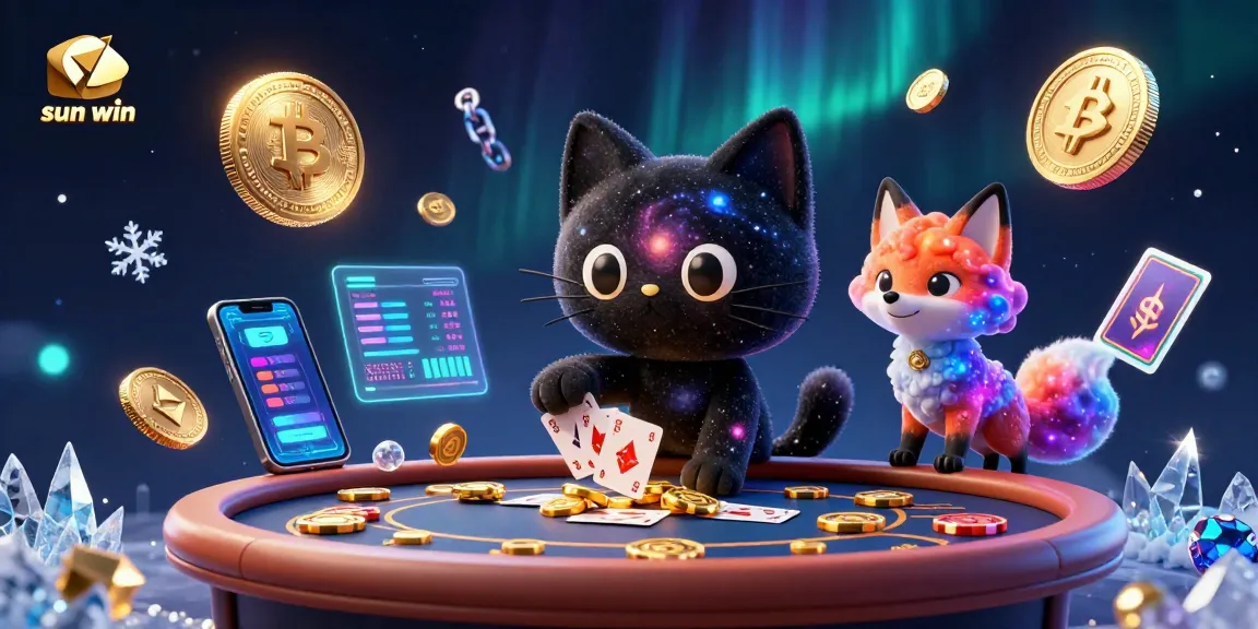 Engaging cosmic casino scene with the sun win black hole cat and nebula fox featuring glowing crypto elements.