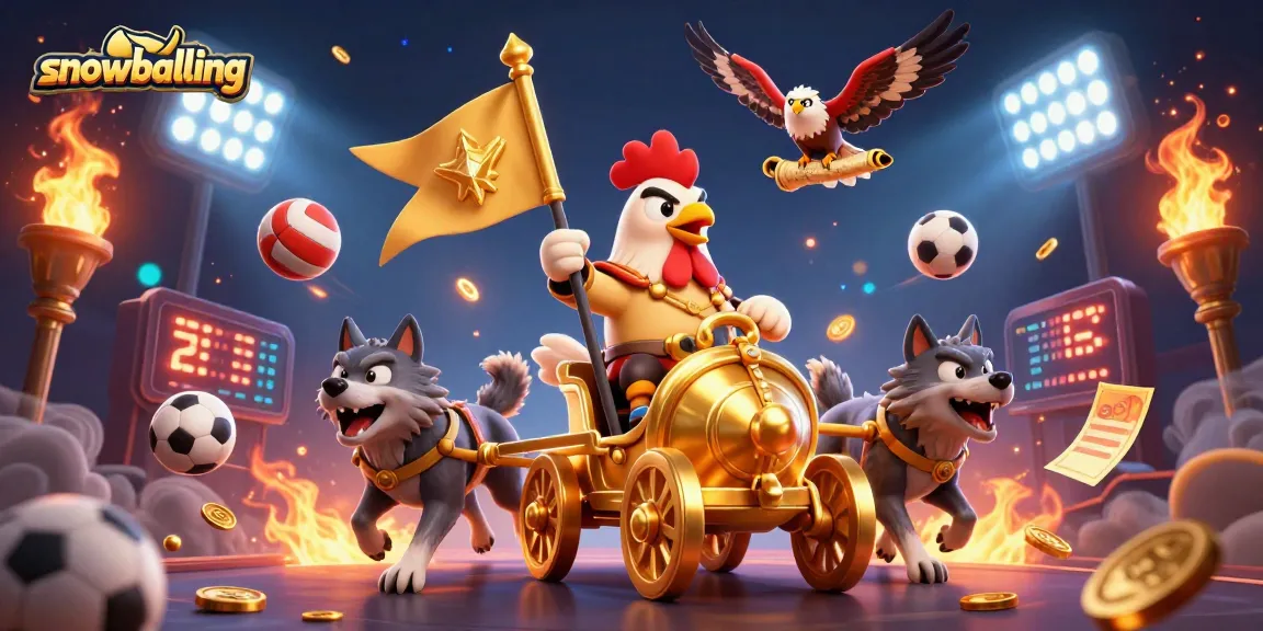 Engage in snowballing action with a dynamic 3D scene featuring a rooster warlord and gold gaming elements.