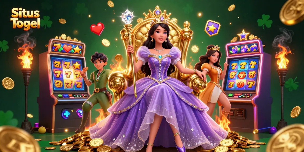 Experience Situs Togel action with vibrant slot machines, a regal figure, and immersive gaming elements.