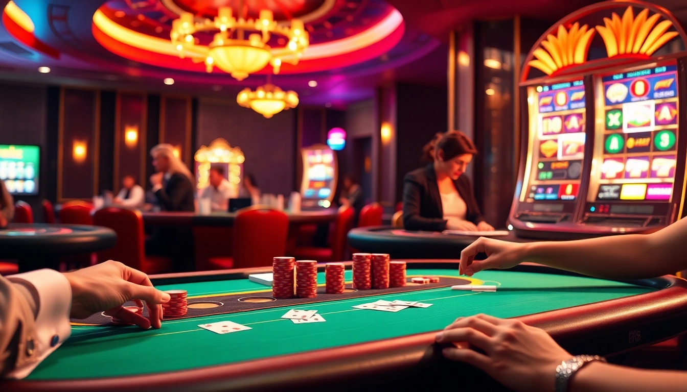 Players experiencing thrills at F168's luxurious casino tables with vibrant chips and cards.