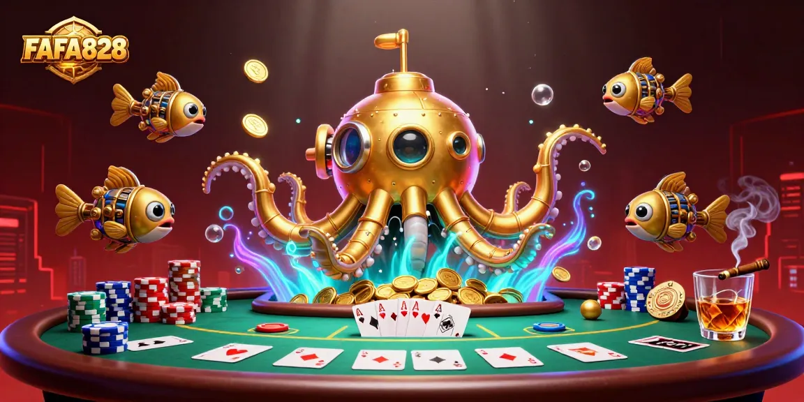 FAFA828 showcases a vibrant kraken scene full of poker excitement and dynamic casino elements.