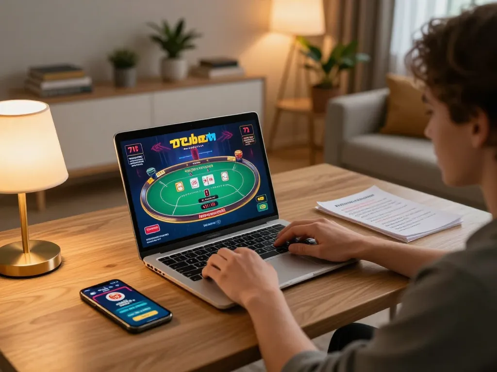 Person gaming on 77bet app from home, enjoying online casino atmosphere.