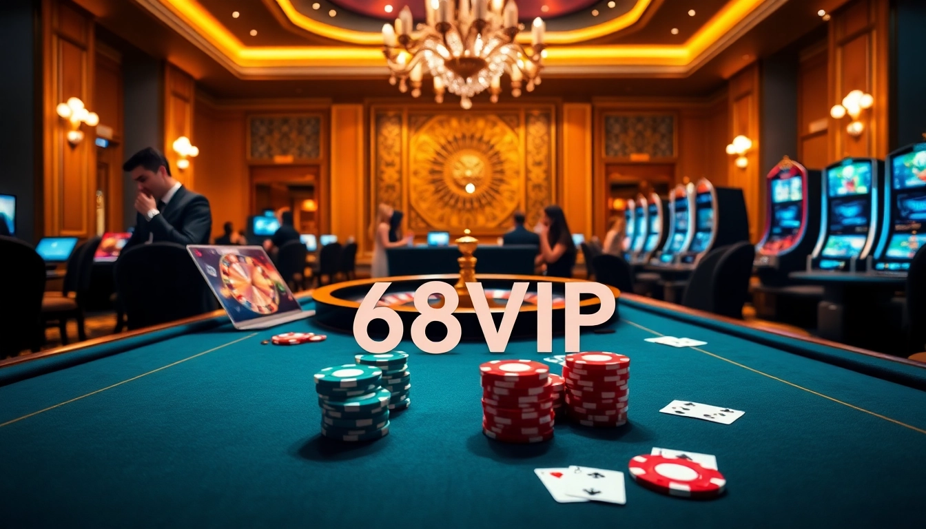 Experience the excitement of 68VIP online casino with vibrant gaming tables, poker chips, and luxurious betting interfaces.