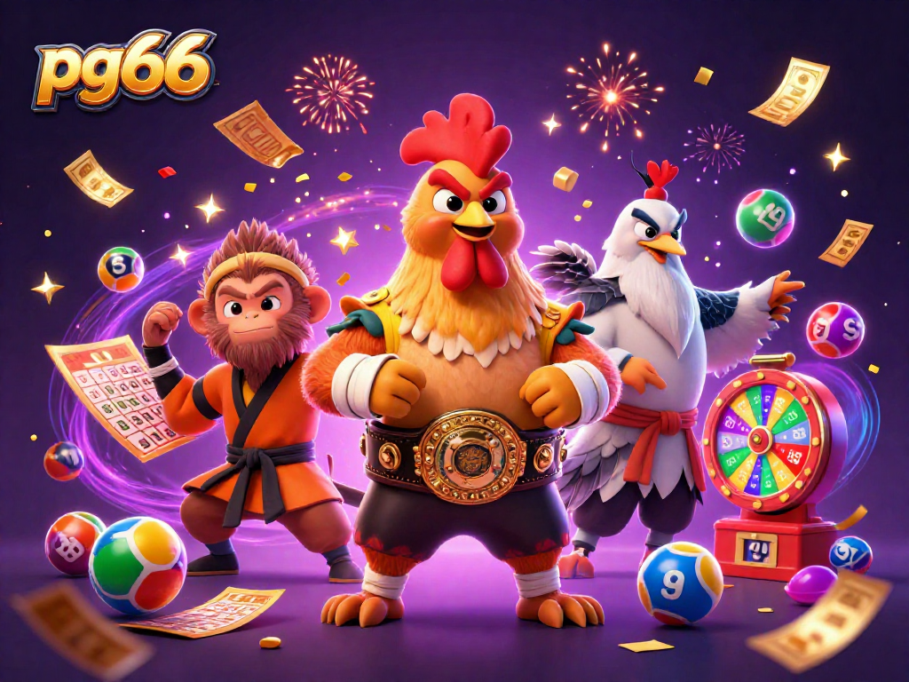 Engage with pg66 through a vibrant 3D gaming celebration featuring dynamic characters and exciting lottery elements.