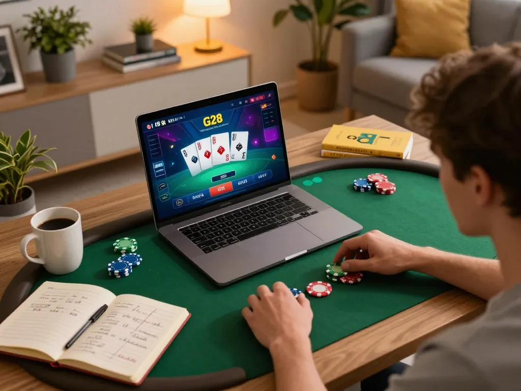 Player enjoying poker online at G28 in a cozy setting with strategy notes visible