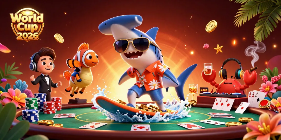 World Cup 2026 celebration with a shark, clownfish, and crab amidst dynamic poker elements.
