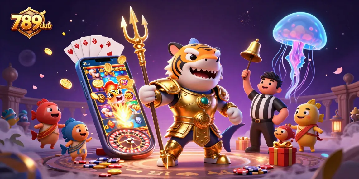Catching thrilling jackpots at 789club with a lively underwater casino scene featuring exciting games and dynamic characters.