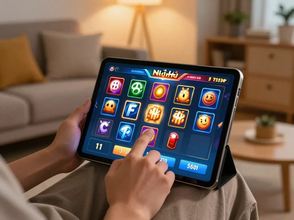 Engaging in 3Win nổ hũ gameplay, player prepares to spin colorful slot reels on a tablet in a cozy home setting.