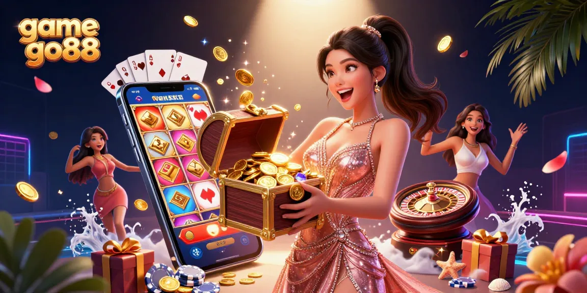 Play game go88 in a vibrant casino scene with a joyful character presenting treasures and exciting game elements.