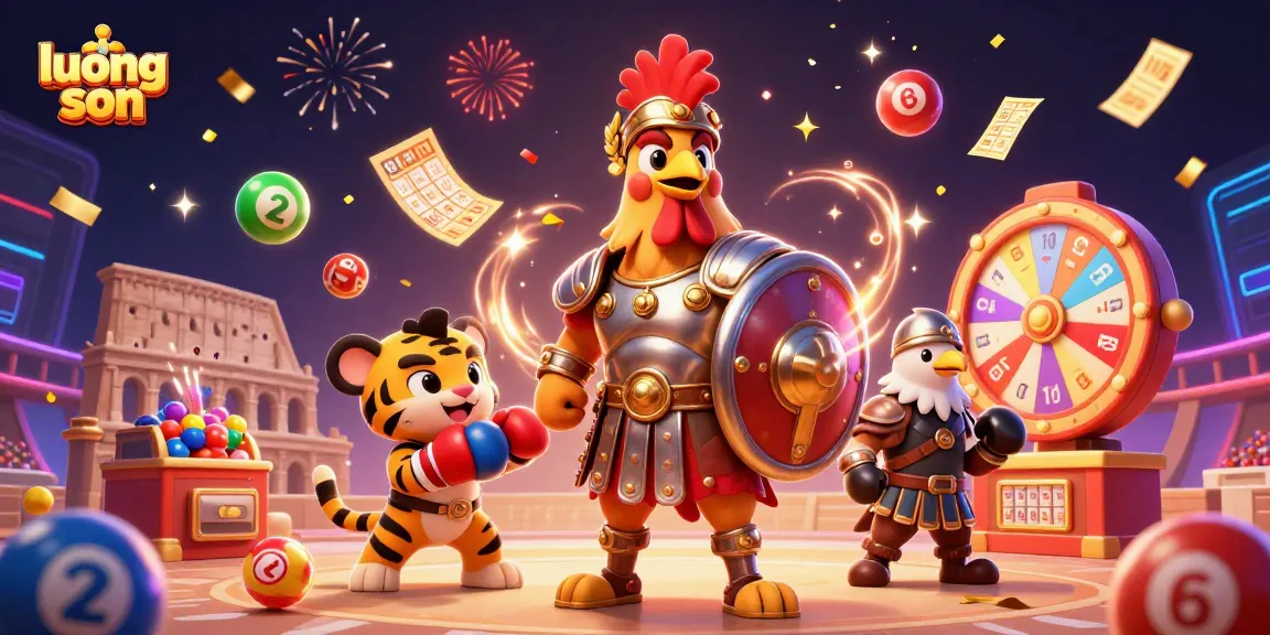 Engage with luong son's dynamic gambling scene featuring a rooster and a tiger in a festive colosseum setting.