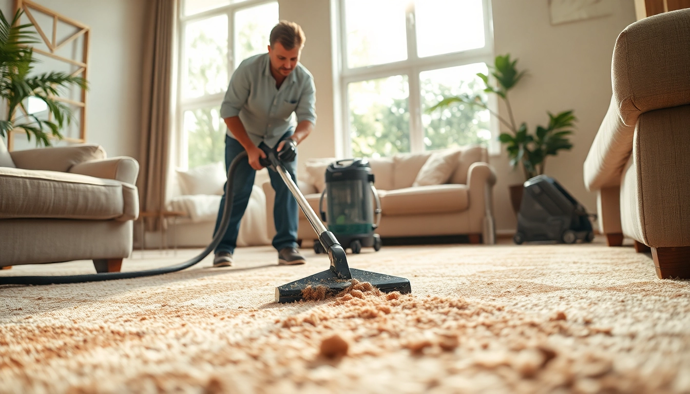 Efficient professional carpet cleaning technique demonstrated in a bright living room.