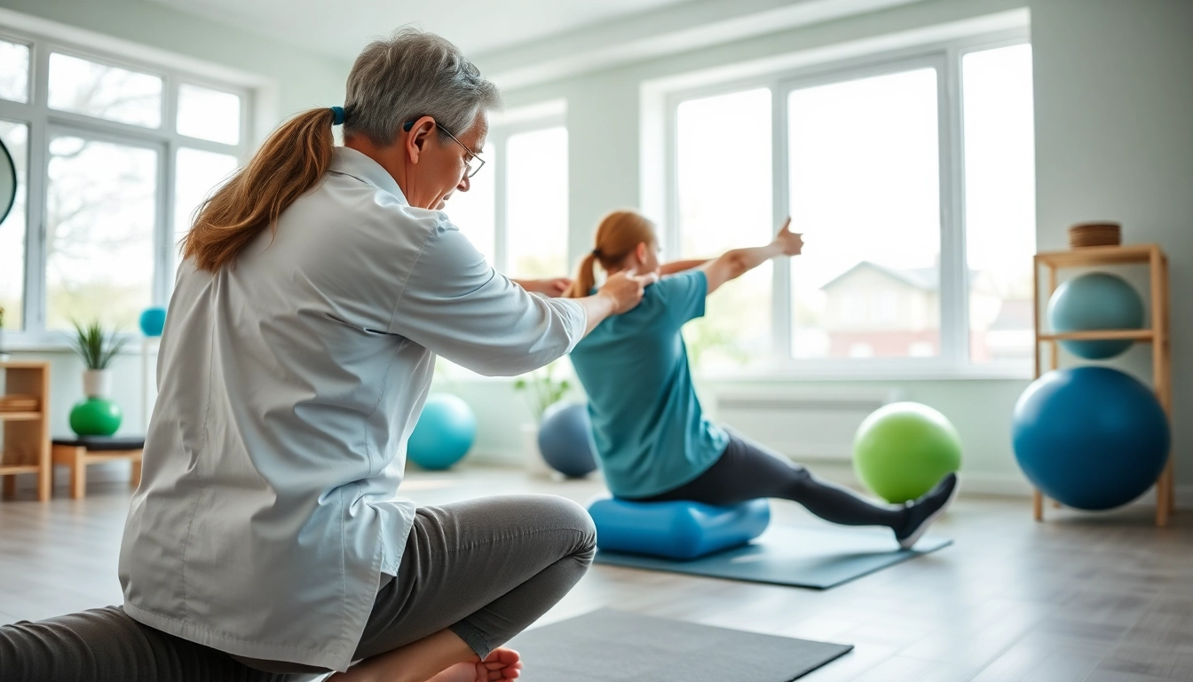 Therapist showcases back pain solutions with a patient in a bright clinical environment.