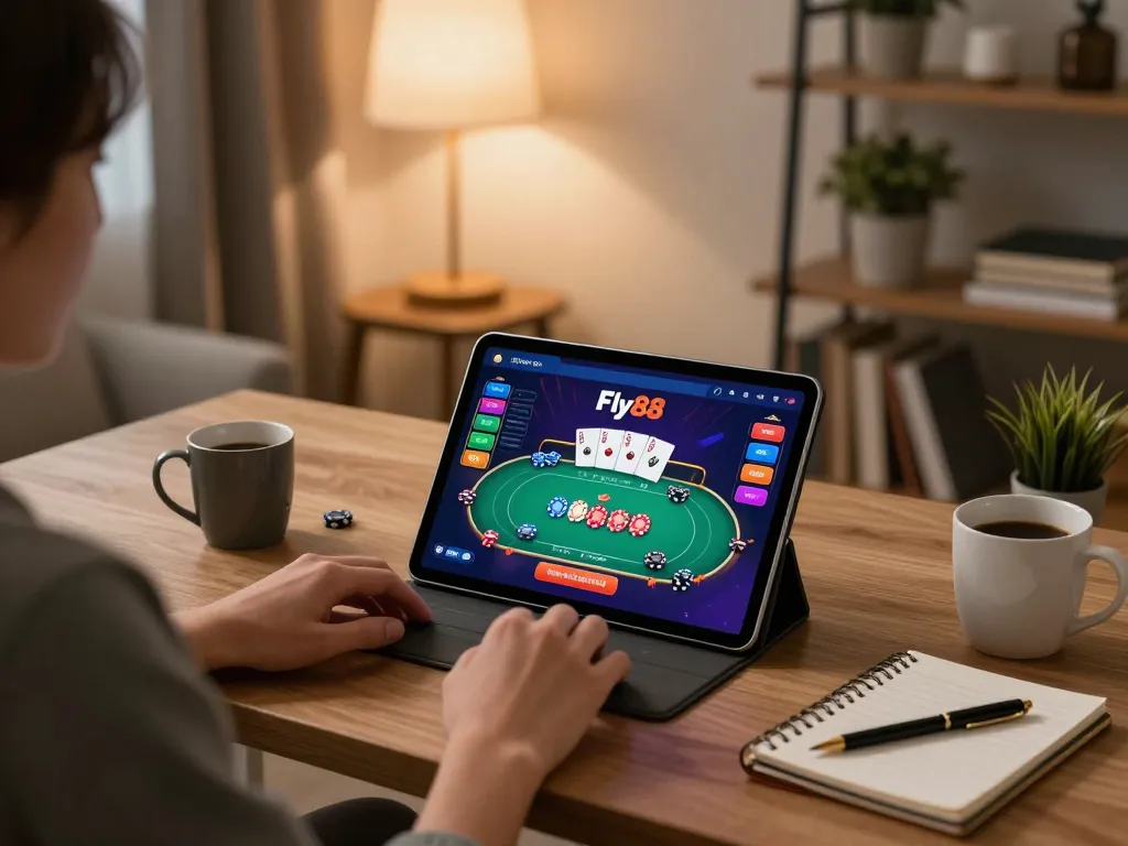 Engaging in online gaming with Fly88 app on tablet in a cozy home setting.