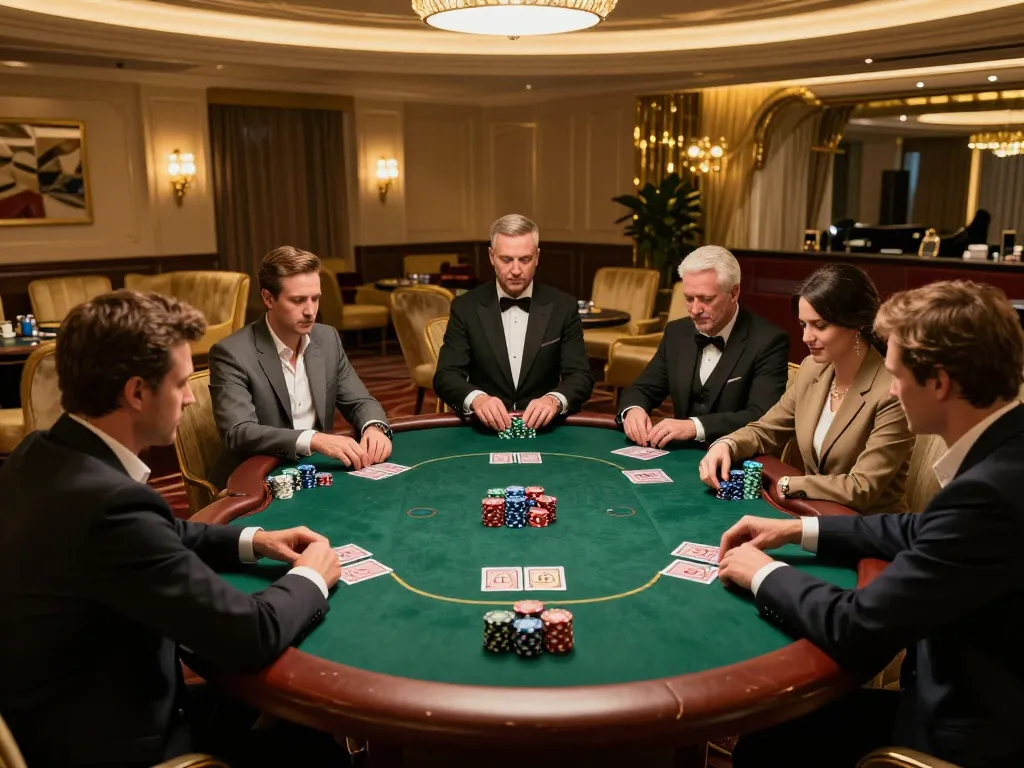 Engaged players in a high-stakes poker game at SHBET .COM's luxurious VIP room, showcasing sophisticated gambling.