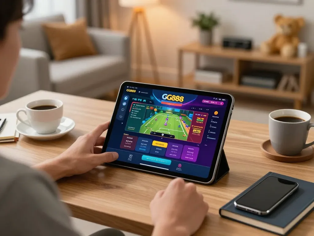 Engaging with the GG888 app on a tablet in a cozy home office, highlighting online gambling enjoyment.