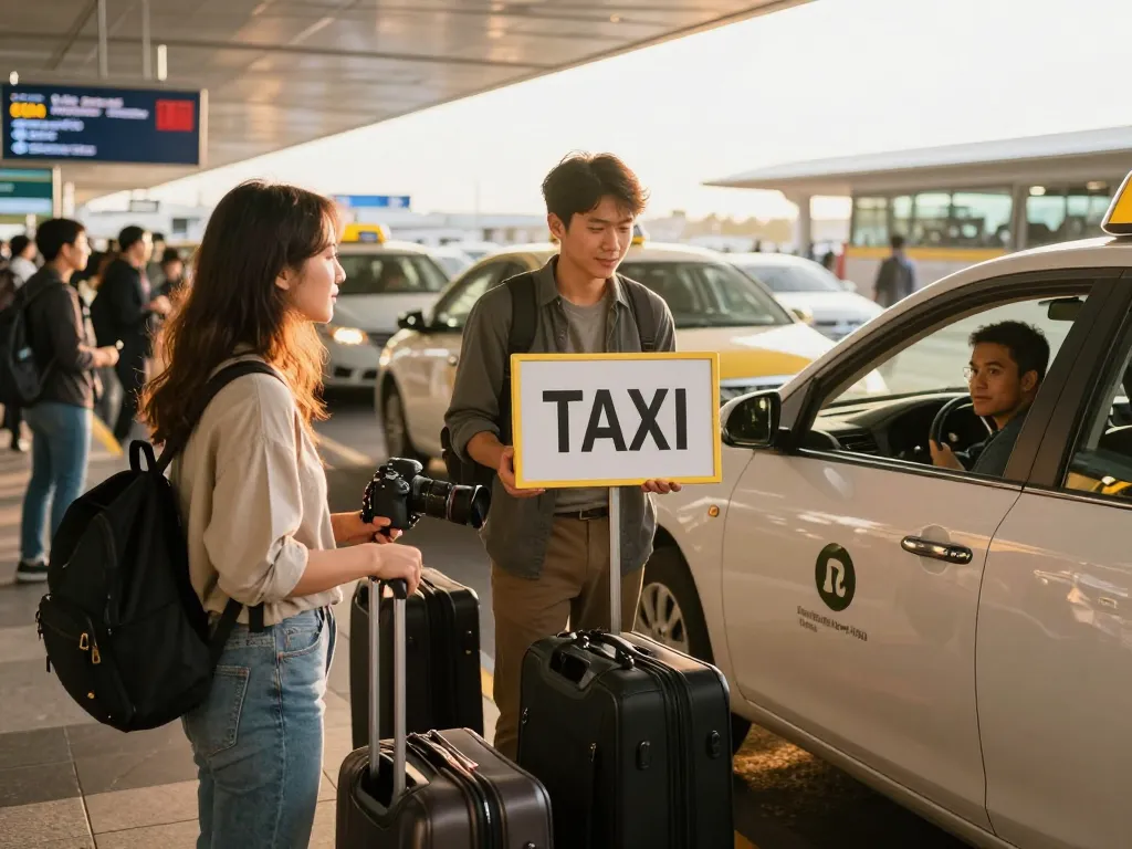 Taxi price displayed for seamless airport transfers, with traveler meeting driver at airport.
