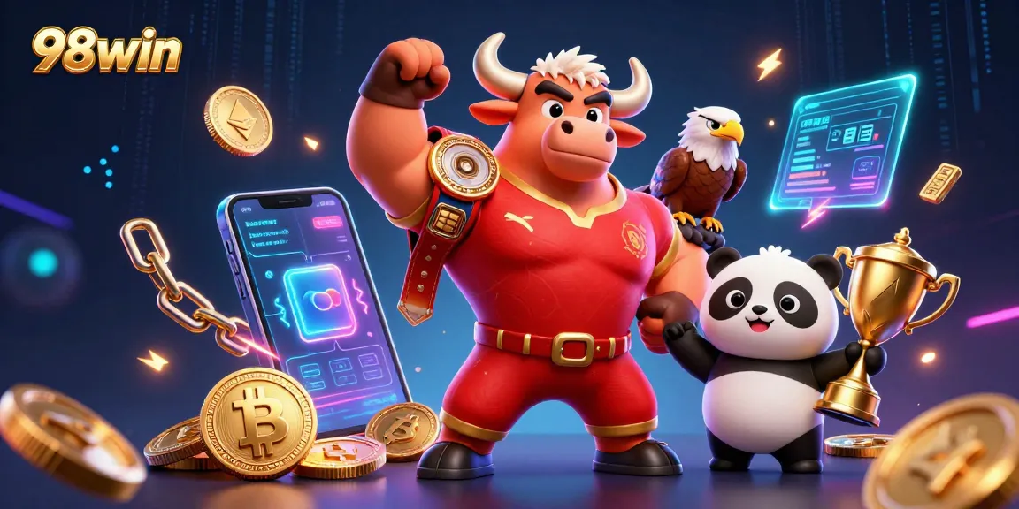 Experience exciting wins at 98win with a dynamic 3D casino illustration featuring vibrant game elements.
