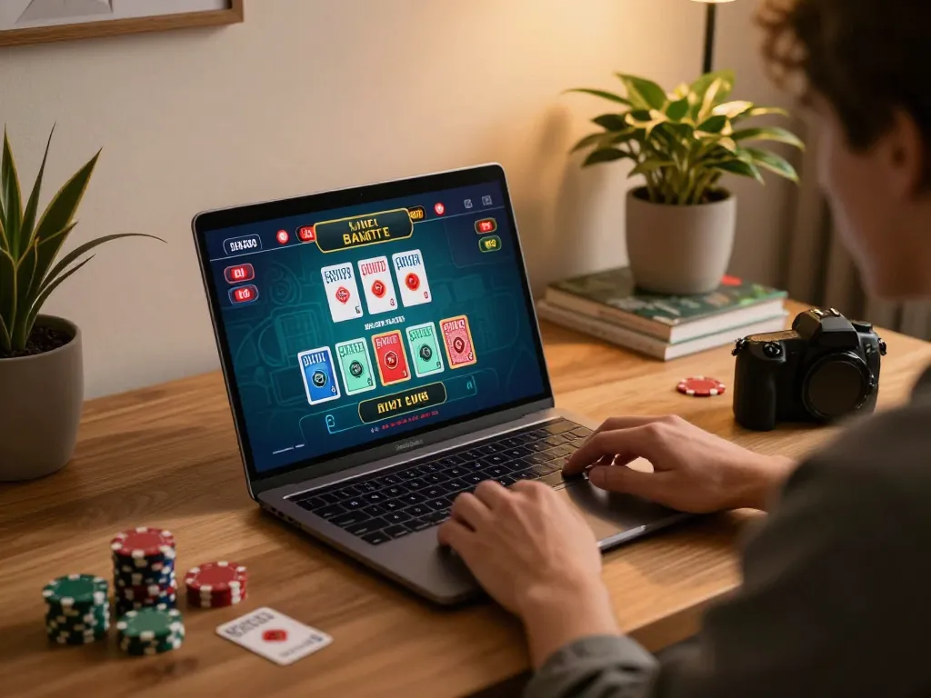 Player enjoying a strategic RR88 live dealer game on laptop with cozy workspace ambiance