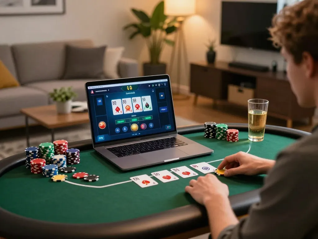 Engaging in poker strategy on trang chủ go99 from a cozy home setting with organized chips