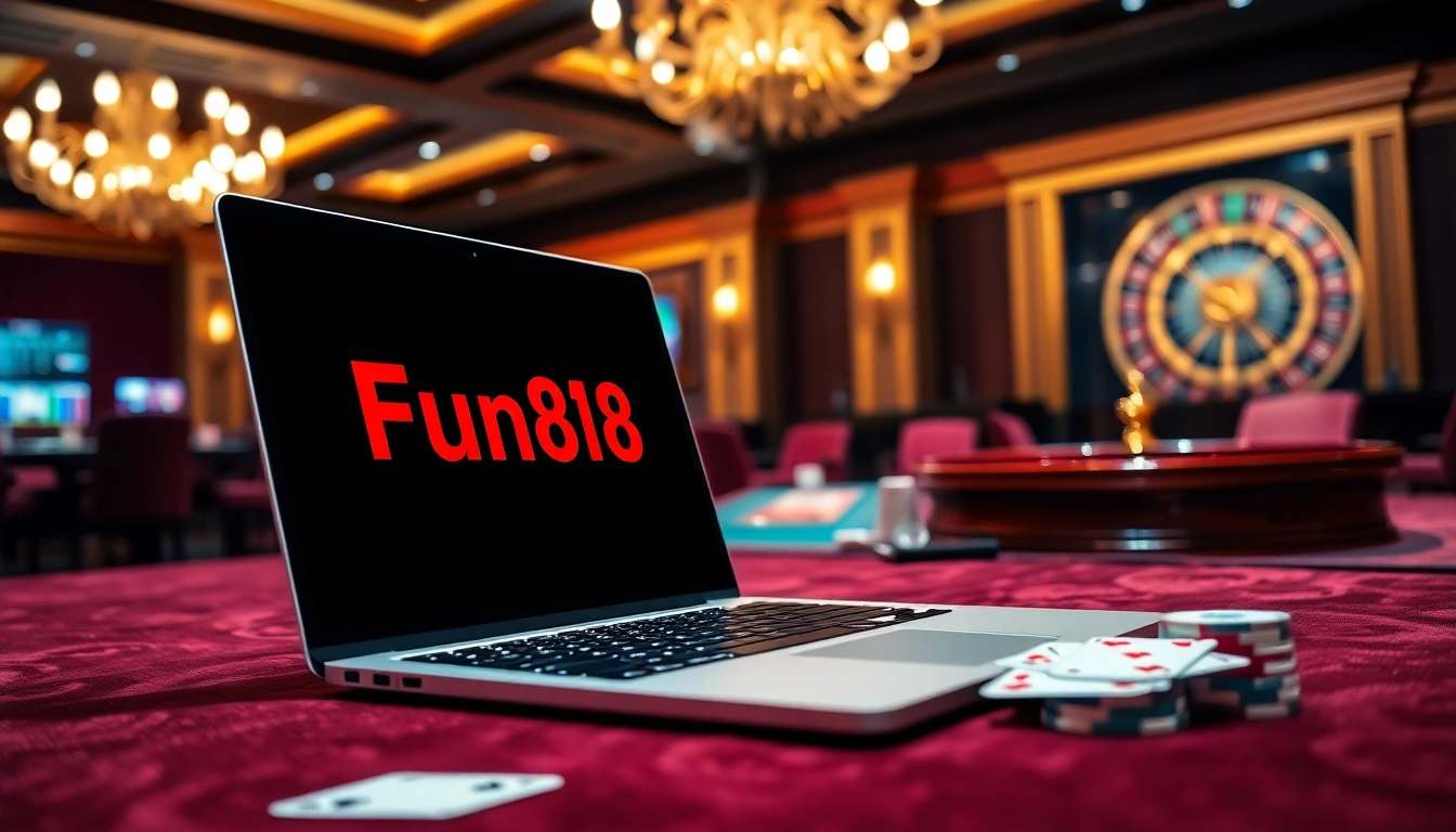 Players enjoying gambling activities through the Fun88 link on an elegant casino laptop setup.