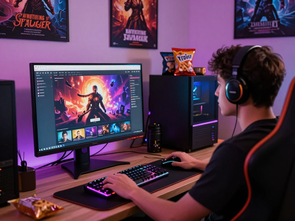 Engaging scene of a gamer playing porn games HTML in a vibrant gaming environment.