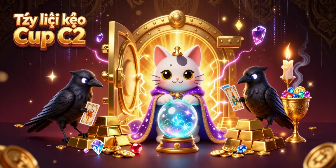 Tỷ lệ kèo Cup C2 enhances sports betting visibility with unique fortune teller cat and raven scene.