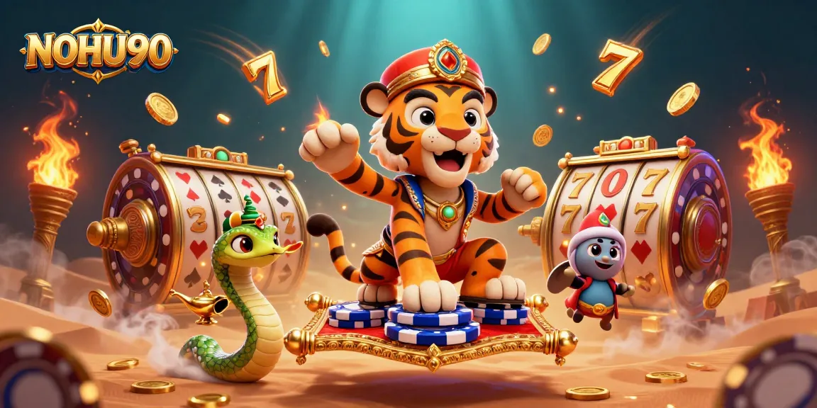 Experience the thrill of NOHU90 with vibrant slot games and enchanting characters in a dynamic casino scene.