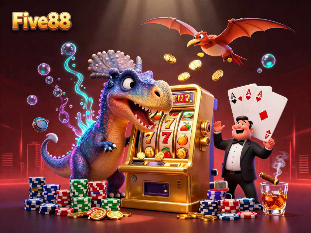 Five88 showcases a vibrant 3D scene with a dinosaur interacting with a slot machine in an exciting casino setting.