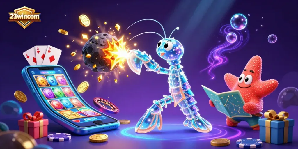 Engage with a vibrant 23wincom illustration showcasing a samurai shrimp amidst golden coins, offering winning slot game excitement.