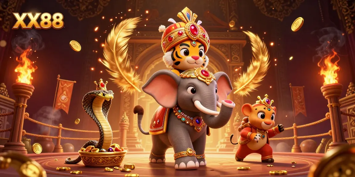 Engage in thrilling gameplay at XX88 with a vibrant 3D casino scene featuring a majestic tiger and elephant.