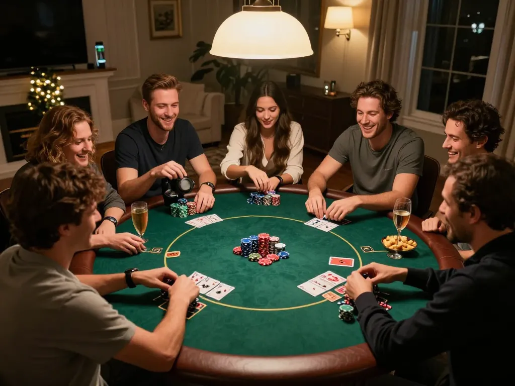 Luck8l mobile gaming scene with friends engaged in a competitive poker game at home.