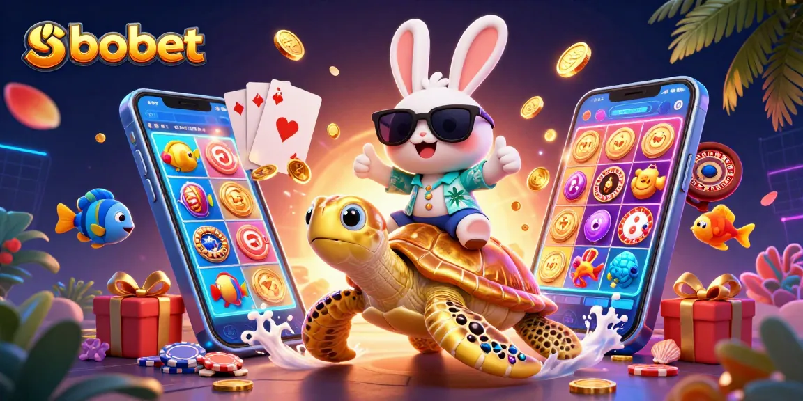 SBOBET players enjoying vibrant gaming with a lucky rabbit and golden turtle amidst slot games and festive elements.