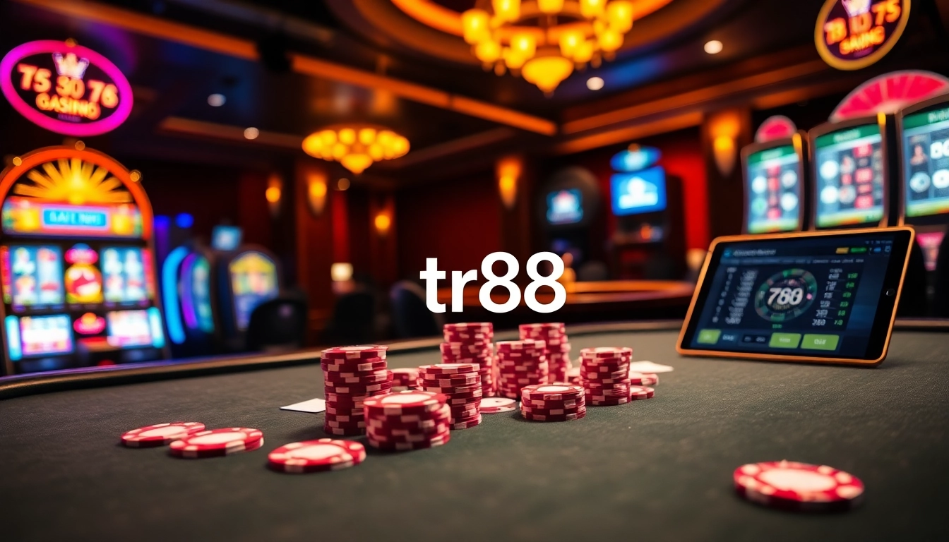 Experience thrilling gameplay with tr88 at a vibrant casino poker table surrounded by excitement.