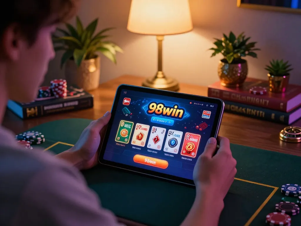 Engaging gameplay on 98win with a player at home focused on their tablet.