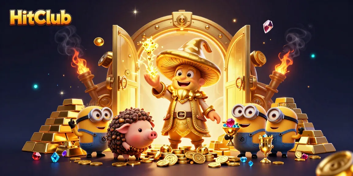 Experience magical wins with HitClub’s golden treasures and whimsical characters in this vibrant casino scene.