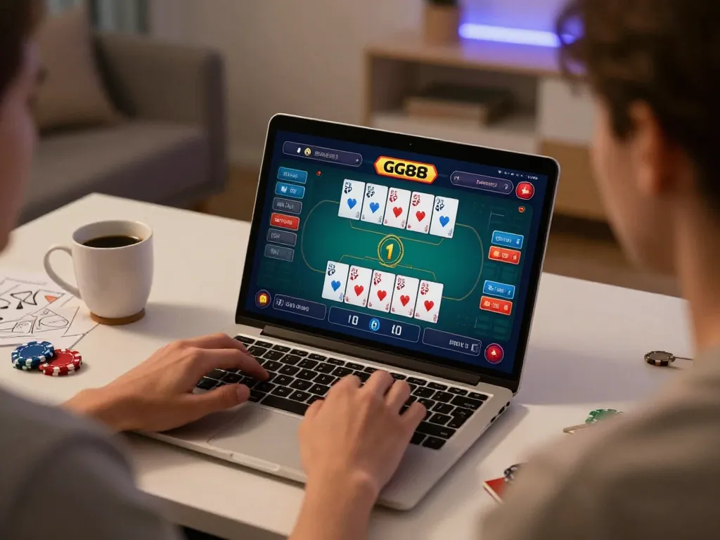 Player enjoying a strategic poker game at GG88 online casino on a laptop