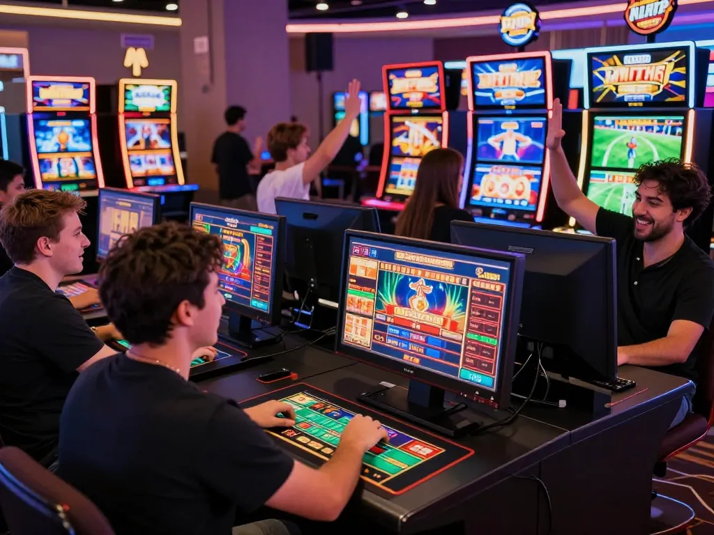 Players enjoying 8KBET online games in a vibrant casino atmosphere.