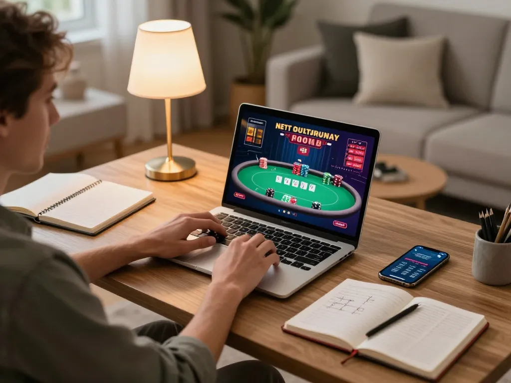 Player enjoying online poker at home, utilizing kim66 for fantastic gaming experience.