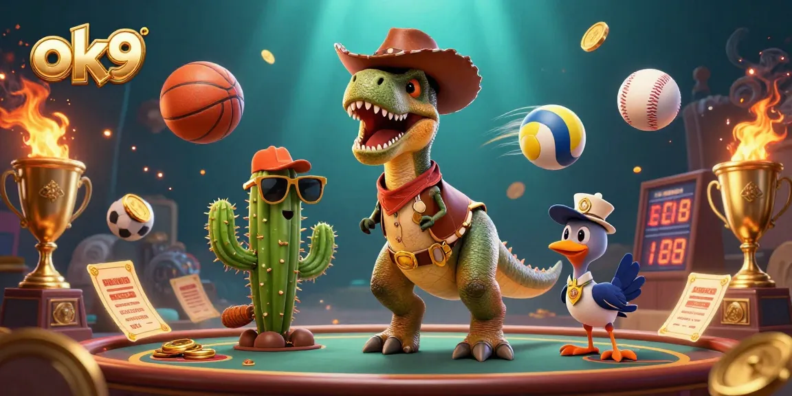 Experience thrilling sports betting with ok9 as a vibrant T-Rex cowboy and friends celebrate wins.