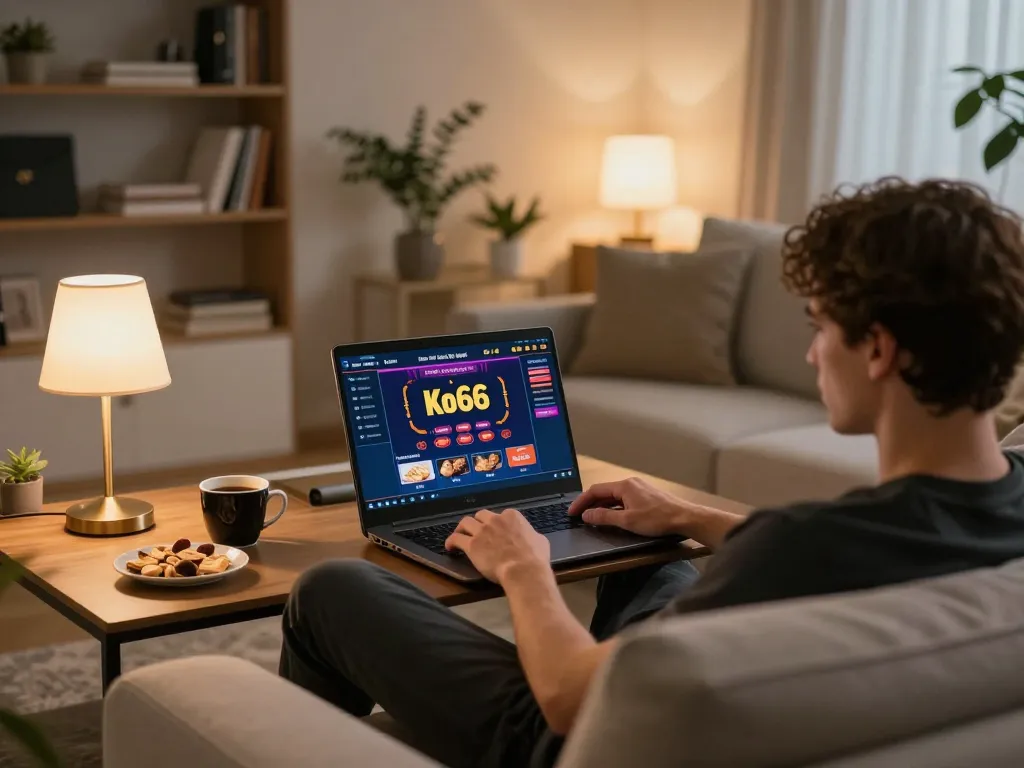 Player engaging with Ko66 online casino interface in a cozy home gaming setup atmosphere