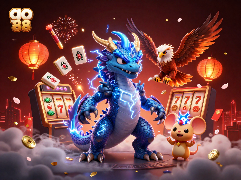 Experience the thrill of go 88 as a thunder dragon and hawk soar above iconic casino elements.
