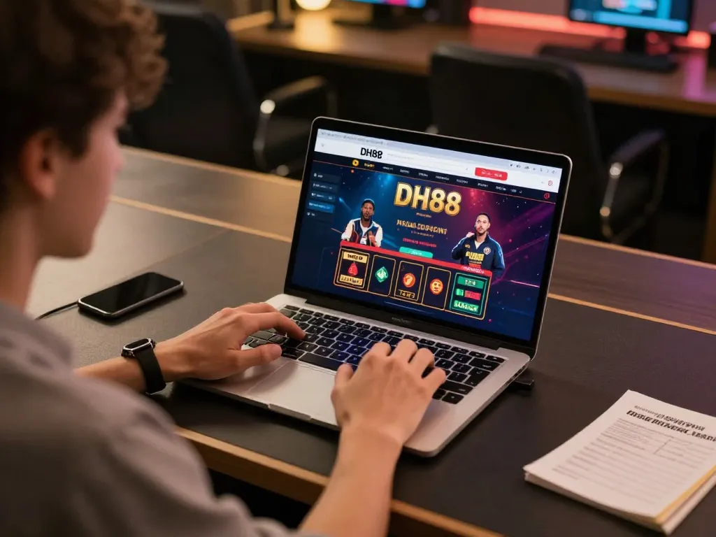 Engaging scene of online gaming at DH88 with a player excitedly betting at a stylish workstation.